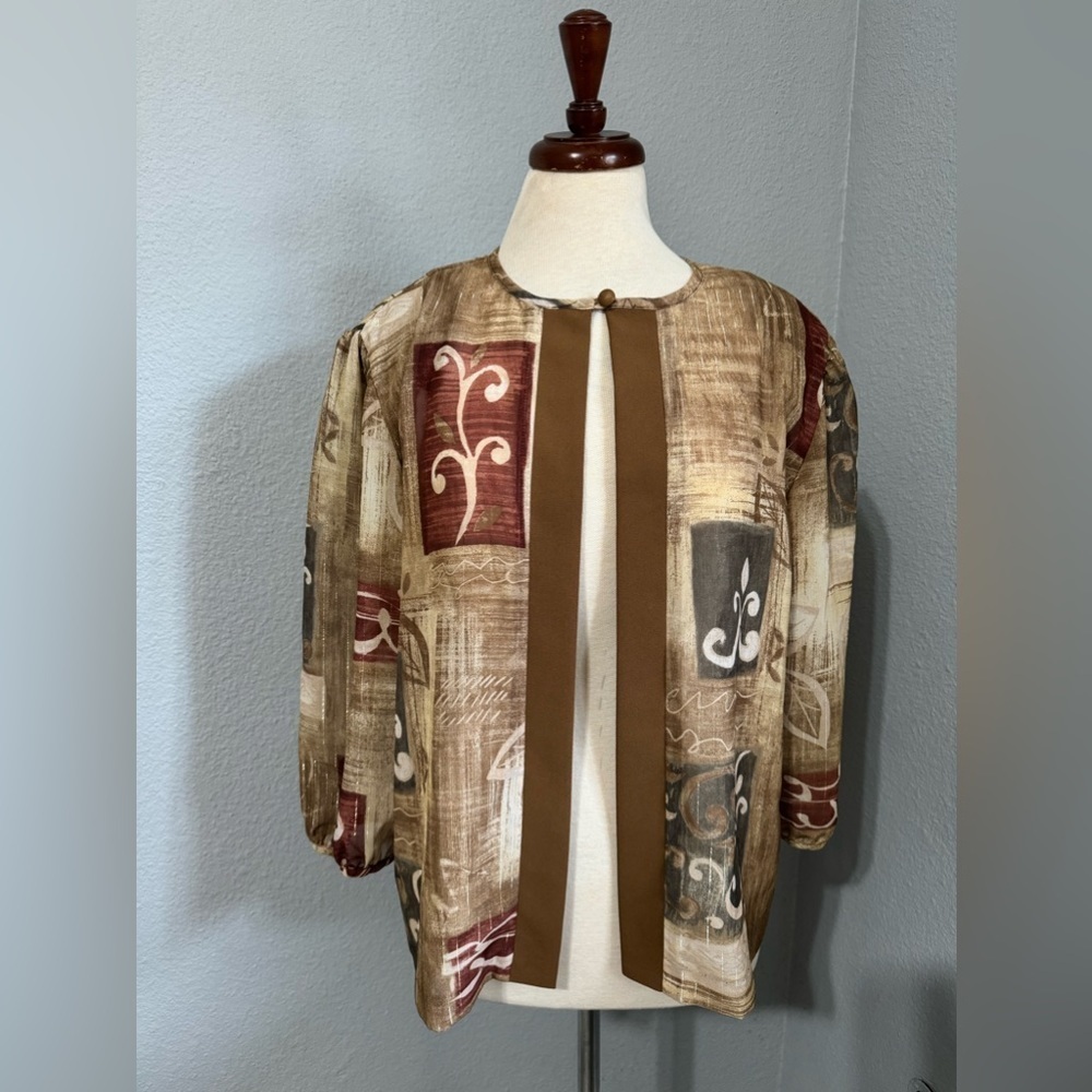 R&M Collection Women Brown Print‎ Design Cardigan Metallic Details Size 18